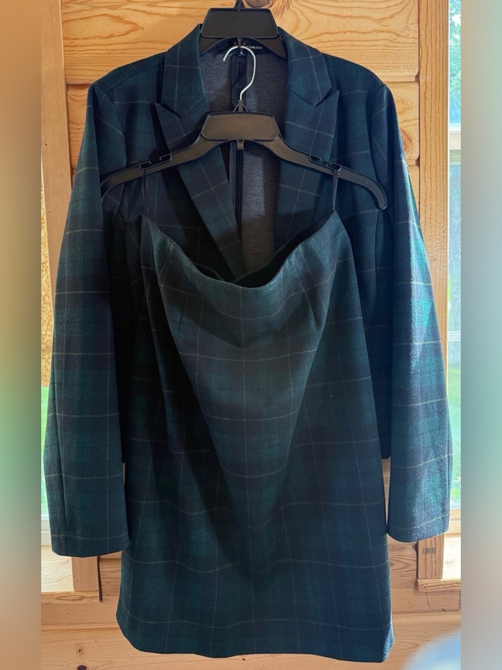 Amanda & Chelsea Dark Green Plaid Women’s Two Piece Blazer and Skirt Set
